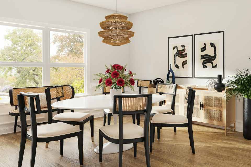 matte black details in dining room with wood accents and hardwood flooring